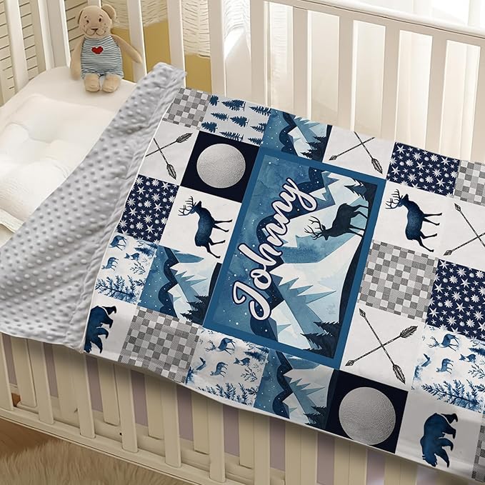 Personalized Baby Blankets for Girls Boys, Custom Blue Deer Baby Blanket with Name for Kids, Flannel Bed Throw Blanket for Newborn, Customized Gifts for Baby Shower Nursery Blanket(60" x80)