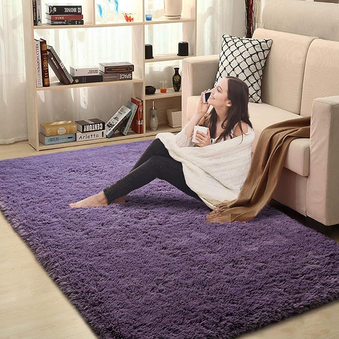 Merelax Modern Soft Fluffy Large Shaggy Rug for Bedroom Livingroom Dorm Kids Room Indoor Home Decorative, Non-Slip Plush Furry Fur Area Rugs Comfy Nursery Accent Floor Carpet 4'x6' Grey-Purple