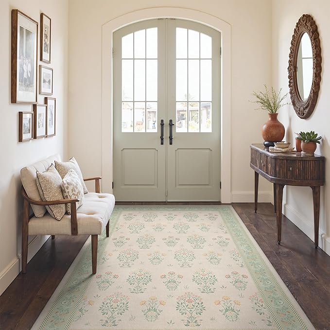 GENIMO 4x6 Vintage Floral Area Rug, Soft Microfiber Washable Rug with Non-Slip Backing, Green Carpet for Living Room, Bedroom and Dining Room