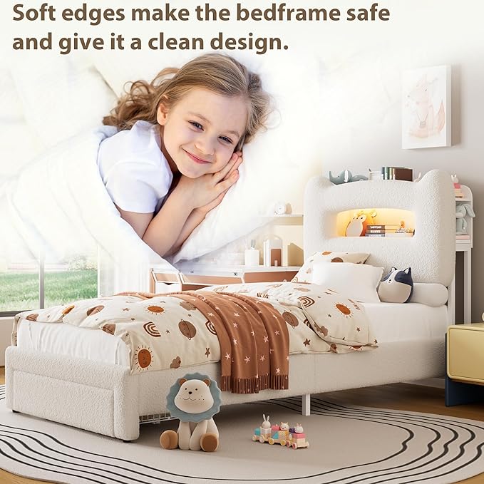 GarveeHome LED Twin Bed Frame with 2-Tier Storage Headboard, Upholstered Platform Bed with Charging Station and Drawer for Kids/Girls/Boys, Heavy Duty Metal Support, No Box Spring Needed, Beige