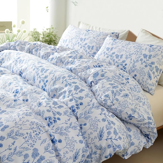 Blue Floral Duvet Cover King 3Pcs Botanical Flower Bedding Set Soft Microfiber Cottagecore Flowers Duvet Cover Set with 2 Pillowcases(No Comforter)