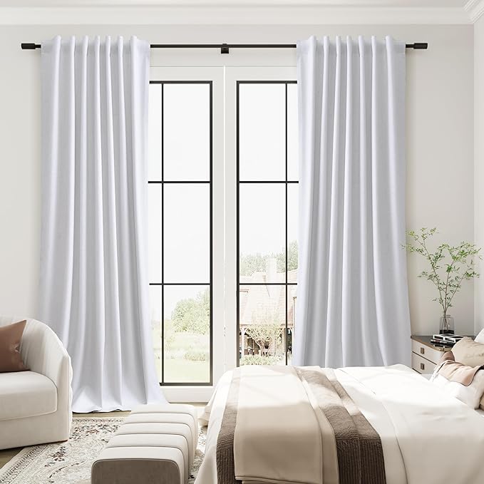 Guken 100% Blackout Linen Textured Curtains 90 Inches Long 2 Panels Room Darkening Curtain for Bedroom Living Room Beige White Back Tab Hook Belt Insulated Thermal Noise Reduction Window Drapes 52x90