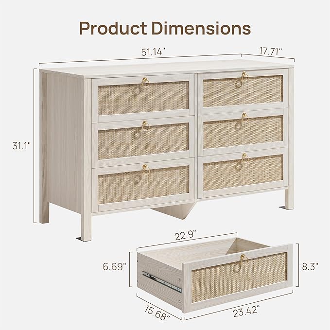 SICOTAS Rattan 6 Drawer Dresser for Bedroom : 51" White Dresser Chest of Drawers Cabinet for Closet with Larger Storage, Boho Farmhouse Wide Tall Dressers TV Stand for Living Room, Hallway