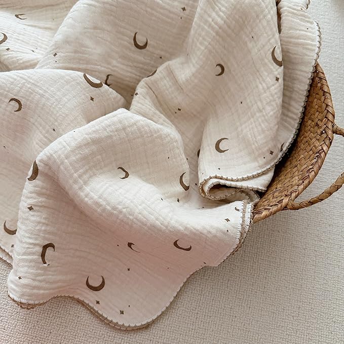 BuLuTu 100% Cotton Toddler Blankets Soft Breathable Crib Blanket for Infant Baby Girls Boys, Ultra Lightweight Muslin Baby Nursery Blankets,Moon Pattern,47"x51"