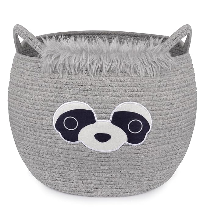 Large Basket for Nursery, Raccoon Blanket Gift Basket, Woven Rope Cotton Storage, Baby Bear Laundry 0rganizer with Ears Handles, Cute Animal Baskets Clothes Gifts Decor Storage Bins,13"D×12"H