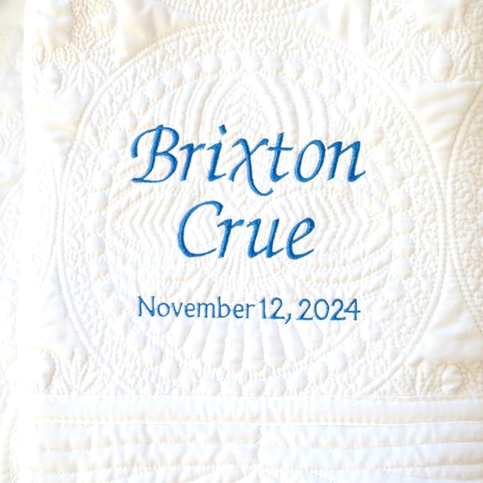 Personalized Baby Bed Blanket Quilt with Name Date Newborn Gift Girl Boy Crib Size White Custom Pink Blue White Embroidered Nursery