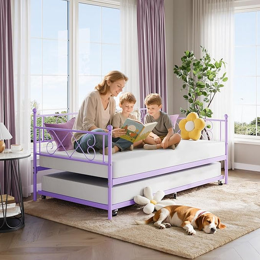 Daybed with Trundle, Trundle Bed Twin with Heart-shaped Headboard for Kids, Sturdy Metal Day Bed with Steel Slat Support, Twin Daybed for Living Room, Bedroom and Guest Room, Easy Assembly, Purple