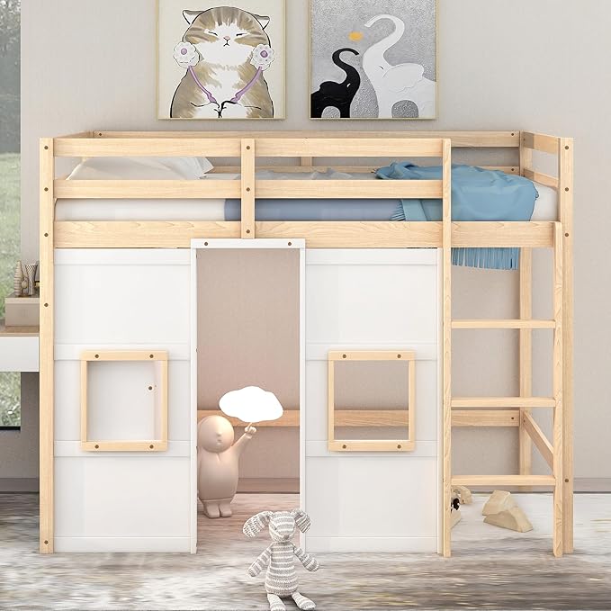 Playhouse Design Twin Size Loft Bed with Built-in Storage Wardrobe and 2 Windows, Solid Wood Loft Bed Frame with Safety Guardrail for Kids Teens Boys Girls, Space-Saving (Whit+Natural)