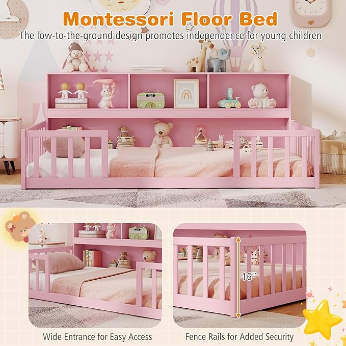 Giantex Twin Floor Bed for Kids, Wooden Montessori Bed Frame with Bookcase, Storage Shelves & Safety Fence Rails, Floor Beds Twin for Girls, Boys, No Box Spring Needed, Without Slats, Pink
