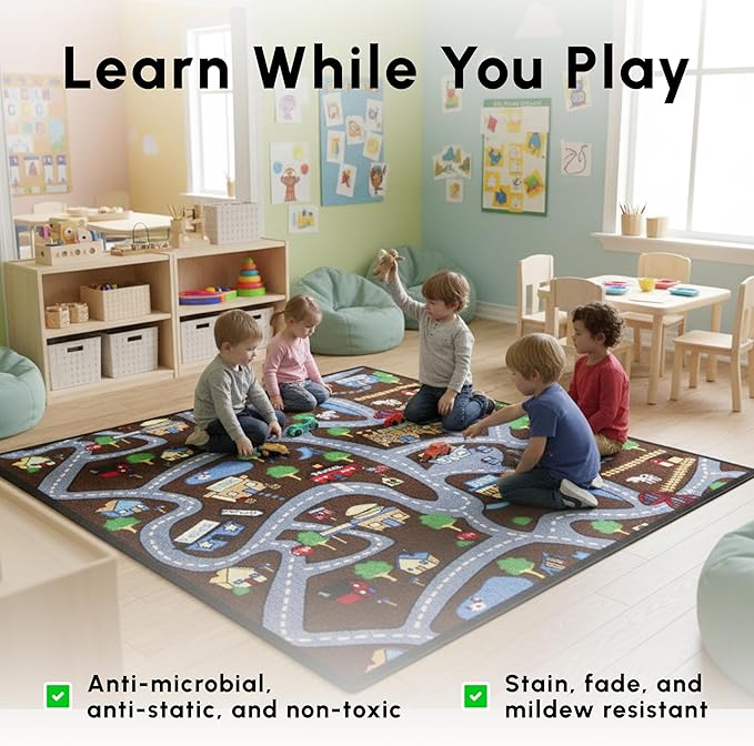 SAFECASTLE Kids Carpet Country Roads Rug 4'4" x 5'6" Educational Road & Street Play Mat with Buildings and Landmarks Learning & Activity Rug for Kids, Toddlers, Nursery, Classroom, Playroom & Daycare