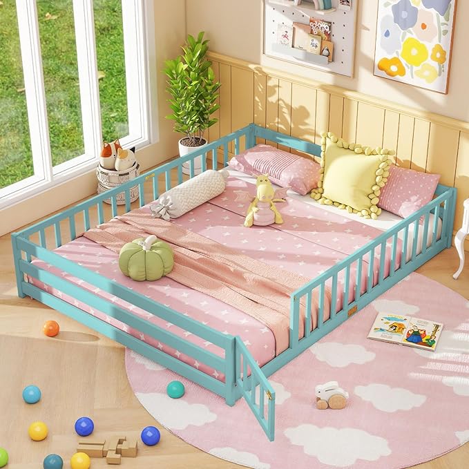 Giantex Queen Floor Bed with Door & Fence, Kids Wood Montessori Beds with Safety Guardrails, Floor Bed Twin for Kids, Boys, Girls, No Box Spring Needed, ICY Aqua