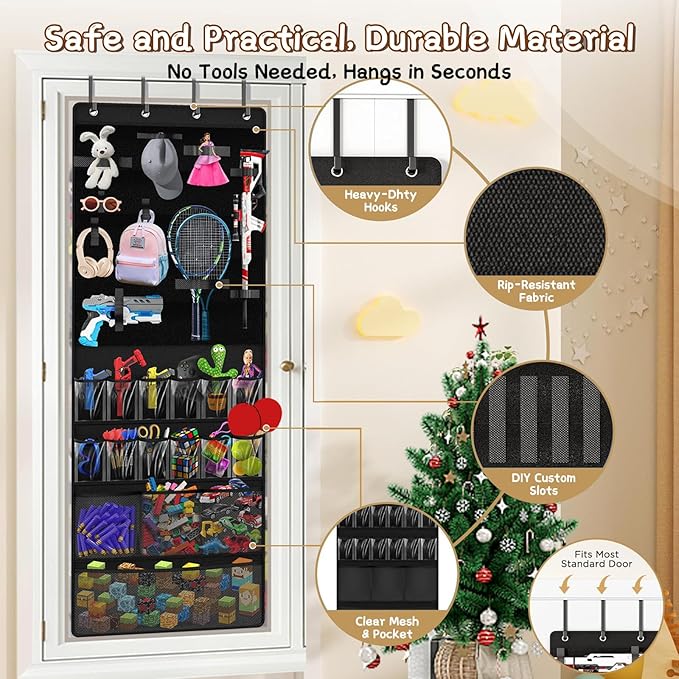 Over the Door Organizer for Building Blocks, Kids Toys Storage with Pockets and Slots for Stuffed Animal, Foam Blasters, Darts, Door Organizer hanging for Toys Storage, Kids Game Rooms