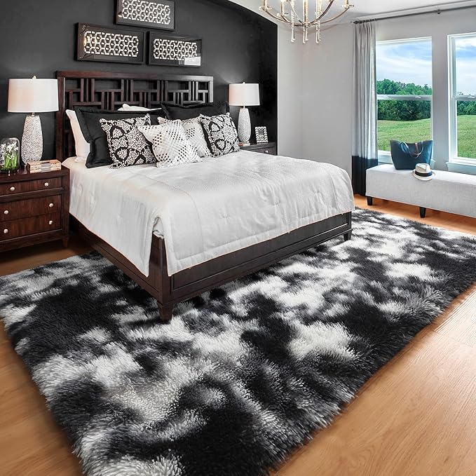 ONASAR Black and White Area Rugs for Living Room Bedroom, 5x8 Fluffy Rug, Washable Soft Plush Shag Floor Carpet for Nursery Kids Girls Boys Teen Baby Dorm Bedside Playroom Indoor Home Decor Aesthetic