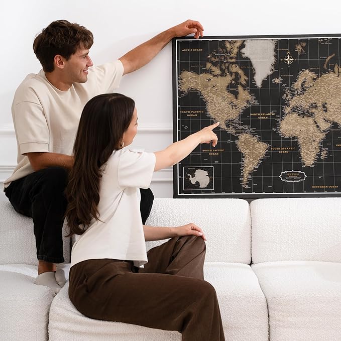 Canvas World Map with Cork Pin Board - English Lettering - Decorative Wall Decoration for All Rooms - Canvas Pictures with World Map Motif (120x80 cm, Pattern 6)