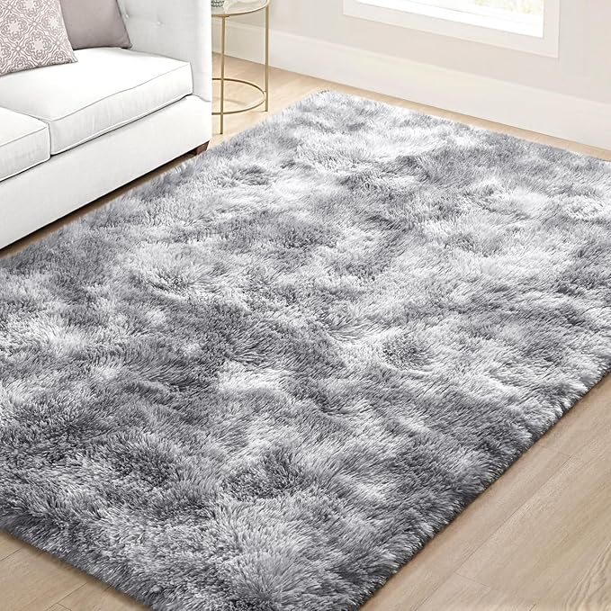 EVOIONOS Area Rug for Bedroom Living Room, Machine Washable 4x6 Fluffy Shag Rug, Soft Plush Non Slip Carpet for Indoor Floor Bedside Nursery Kids Room, Dorm, Home Decor Aesthetic, Tie-Dyed Light Grey
