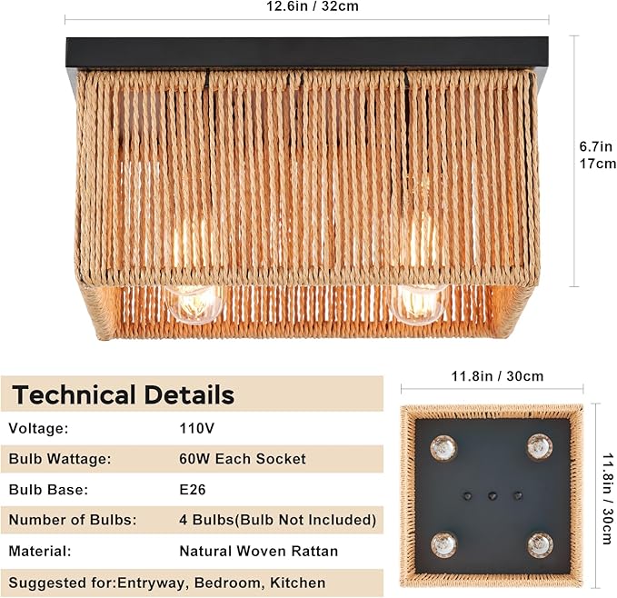 Square 4-Light Rattan Ceiling Light Fixture,12.6"x 12.6" Hand Woven Boho Flush Mount Ceiling Light, Farmhouse Coastal Cage Close to Ceiling Light for Bedroom Nursery Hallway Kitchen Dining Room