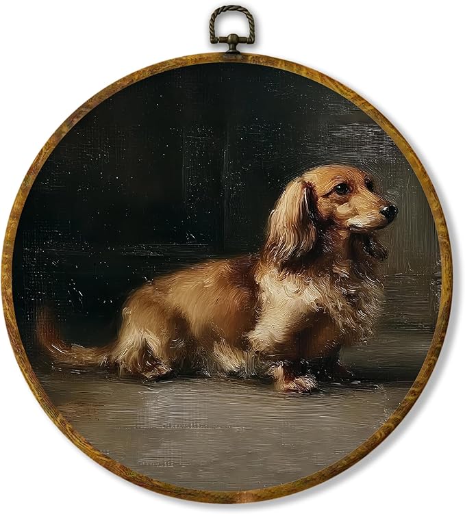 Hiuwevt Vintage Dachshund Round Wall Art Decor, Dachshund Doxie Gifts for Women Framed Canvas Prints, Rustic Weiner Dog Round Wall Hanging Decor for Home Bedroom Living Room Decorations, 10x10 Inches
