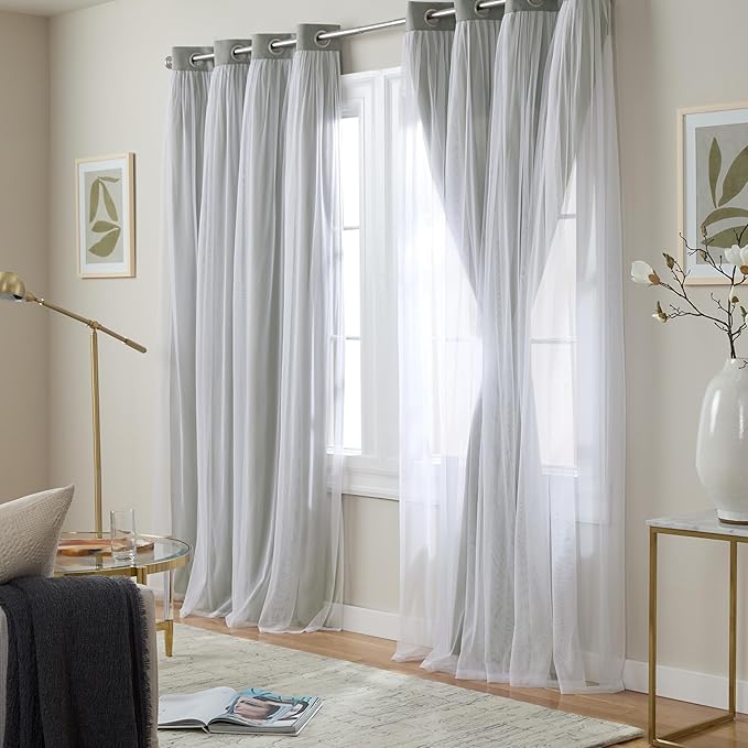 TOWN & COUNTRY LUXE Talia Double Layer Indoor Curtains, Sheer and Room Darkening Blackout, Grommet Top, Energy Efficient, 2-Pack Set, 52"x108", Soft Grey