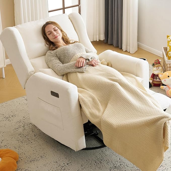 Oversized Swivel Rocker Recliner Chair, 26" Extra Wide Nursery Glider Recliner with Adjustable Headrest, Power Recliner Swivel Glider with Double Cushion, Cup Holder, White