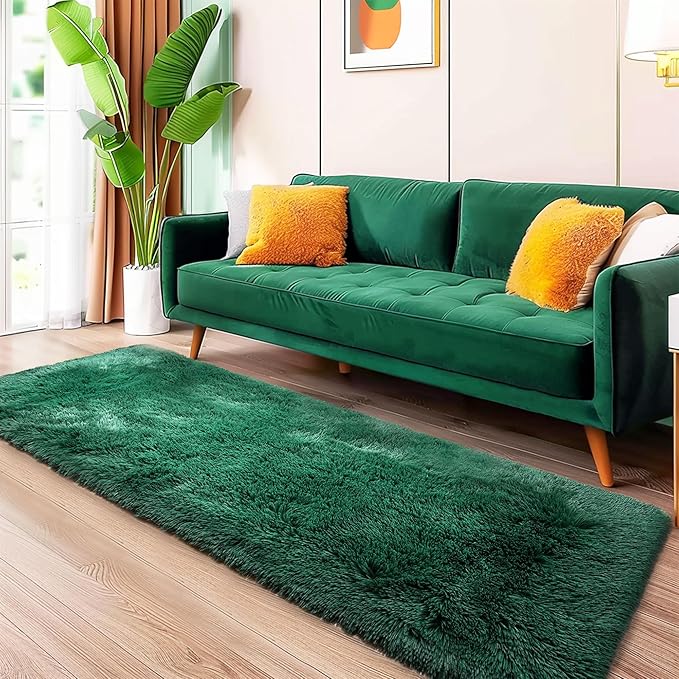 Fluffy Runner Rugs for Bedroom 2x6, Black Green Runner for Hallway Non-Slip, Bedside Shaggy Fuzzy Bedroom Decor