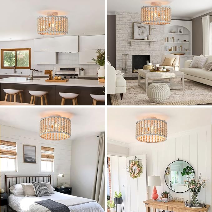 tewei Wood Beaded Boho Chandelier Light Fixture, Semi Flush Mount Ceiling Light 3-Light Rustic Nursery Close to Ceiling Lights for Bedroom Kitchen, Living Room, Oak White, E26 Base