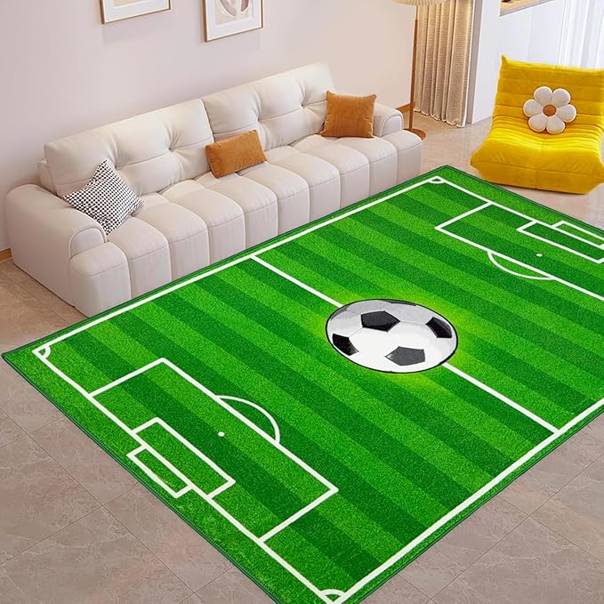 Washable Low Pile Soccer Rug 8x10- Soccer Field Mat for Boys Bedroom, Non-Slip Sports Room Decor, Durable Kids Playroom Rug, Nursery Floor Mat