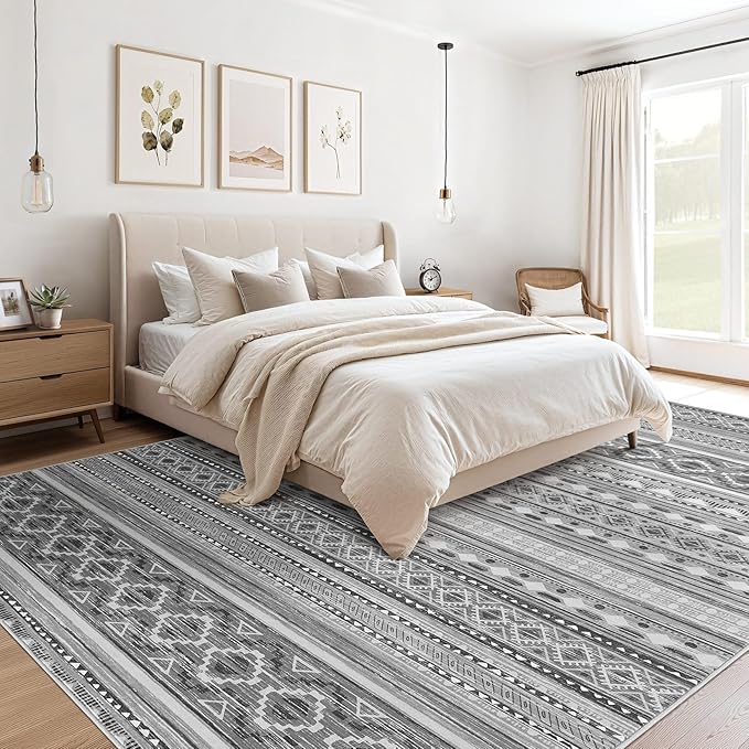 Area Rugs for Living Room Washable Living Room Rug Soft Neutral Indoor Floor Carpet Non-Slip Stain Resistant Modern Boho Rugs for Bedroom Dining Room Kids Room Nursery Office Home Grey/Beige