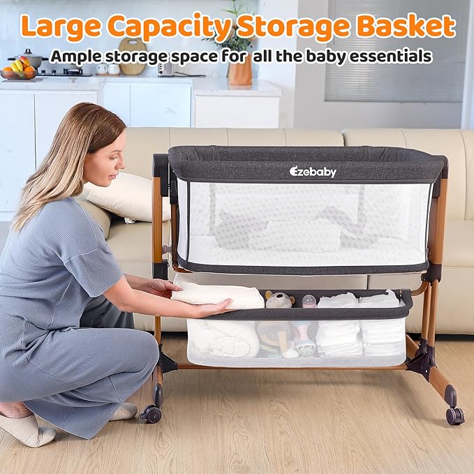 Ezebaby 3-in-1 Baby Bassinet, Rocking Baby Bassinets Bedside Sleeper, Adjustable Portable Crib for Newborn Infant with Wheels Storage Basket and Mesh Sides