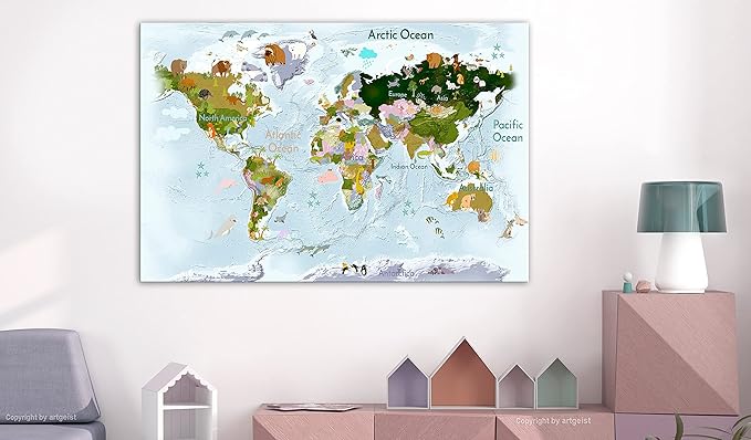 artgeist Textured Canvas Wall Art World Map for Children 35x24 in - 1pcs Painting Canvas Prints Picture Artwork Image Framed Contemporary Modern Photo Animals World Map k-A-0508-b-a