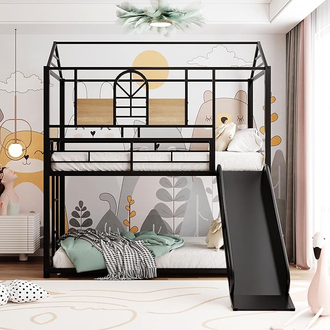 MERITLINE Metal Bunk Bed Twin Over Twin Bunk Bed Frame with Slide,Twin Over House Bed with Guardrails