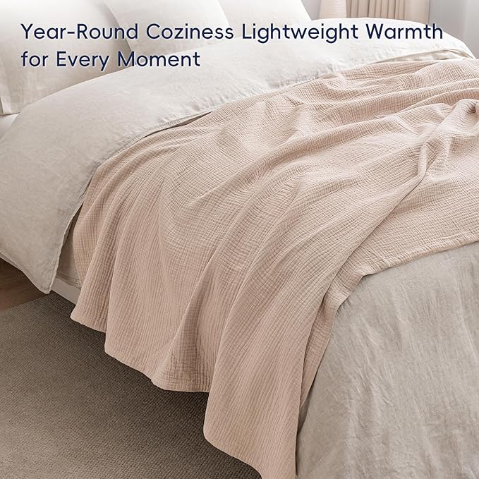 PHF 100% Cotton Muslin Throw Blanket 50" x 60", 4-Layer Lightweight Gauze Throw, Breathable Cloud-Soft Minimalist Blanket for Bed, Couch, Camping & Baby, Dusty Pink, Ideal Gift