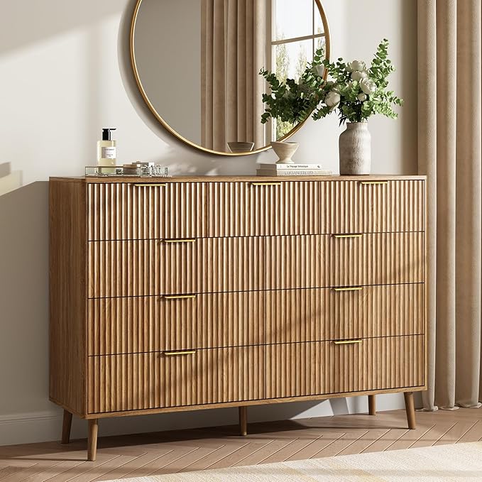 CARPETNAL Fluted 9 Drawer Dresser for Bedroom, 55" Wide Wooden Chest of Drawers with Rounded Corners, Gold Handles, Modern Storage Organizer for Bedroom, Hallway(Walnut)
