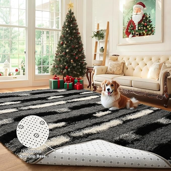 8x10 Feet Area Rugs for Living Room Bedroom,Gray and White Machine Washable Soft Fluffy Shaggy Indoor Rug, Floor Carpet for Girls Boys Kids, Dorms, Nursery Rooms, Home Decor Aesthetic