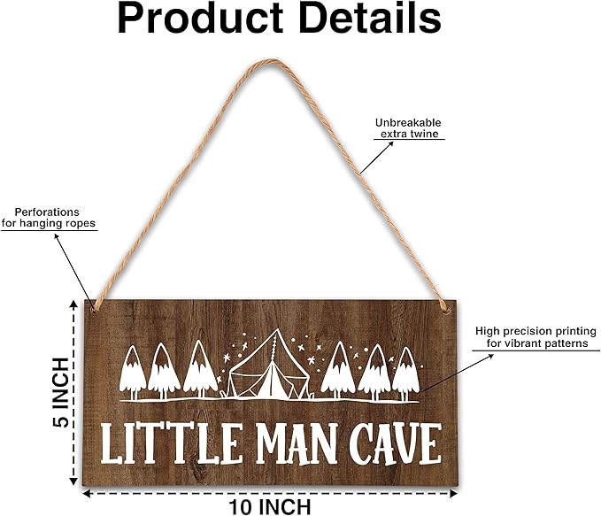 Camping Nursery Decor for Boys, 5"x10" Little Man Cave Wood Sign, Natural Baby Room Wall Decor, Woodland Playroom Decor, Gift for Baby Shower, Toddler Kids Bedroom Living Room Hanging Sign -A03