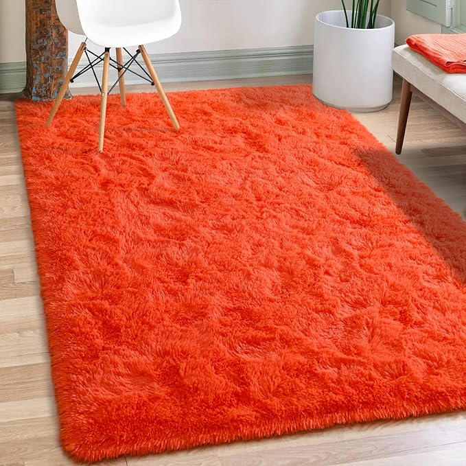 Merelax Soft Modern Indoor Shaggy Area Rug for Bedroom Livingroom Dorm Kids Room Home Decorative, Non-Slip Plush Fluffy Furry Fur Rugs Comfy Nursery Accent Floor Carpet 3x5 Feet, Orange Red