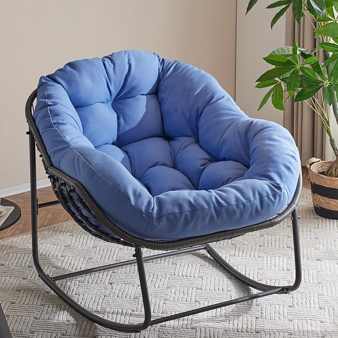 Oversized Outdoor Papasan Rocking Chair Set of 2 with Soft Cushion, Comfy Patio Egg Chair, Wicker Lounge Rocker for Balcony/Porch/Garden, Reinforced All Weather Rattan Frame, Royal Blue