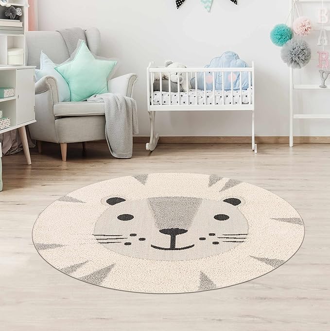 Hauteloom Kids Room, Nursery Round Area Rug - Outdoor Patio Safe - Animal Baby Lion Playroom Carpet - Beige, Gray, Black, Cream - 7'10"