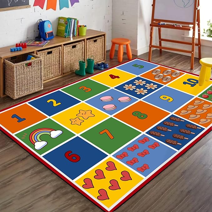 Children's Educational Area Rug for Bedroom, 5x8ft, Learning Numbers Kids Rugs, with Non Slip Backing Soft Anti-Slip Carpets, Low Pile Non-Shedding Washable Mats for Nursery Girls Boy