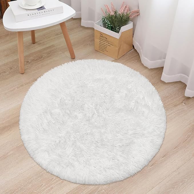 3 ft Small White Round Rug for Bedroom,Tie Dyed Soft Shaggy Circle Rug Fluffy Plush Round Carpet for Kids Girls Boys Room Baby Nursery Living Room Playroom Home Decor
