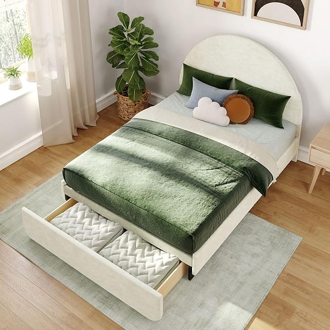 Max & Lily Upholstered Full Bed Frame with Arch Headboard with 1 Drawer End Storage, Upholstered Platform Bed for Kids, No Box Spring Needed, Easy Assembly, Cream