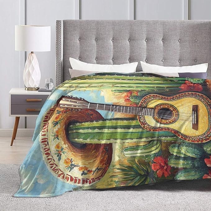 Western Guitar Blanket Cactus Decor Throw Blanket Super Soft Flannel Lightweight Fluffy Plush Cozy Fuzzy Fleece Cowboy Gifts Blanket for Kids Boys Adults Man for Bed Sofa 60"X80"