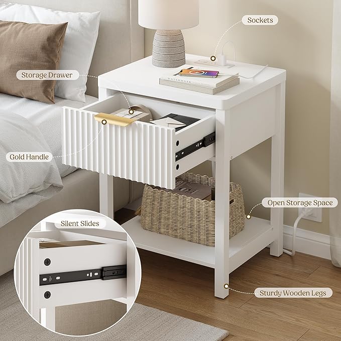 Lulive Night Stand Set 2, Fluted Nightstand with Charging Station, Wood Modern Bedside End Table with Storage Drawer for Bedroom, Save Space (Set of 2, White)