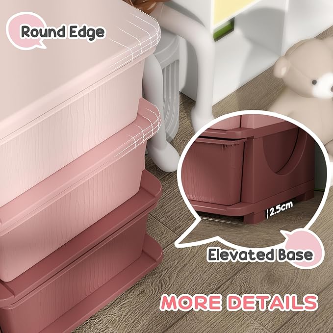 Qaba 3 Tier Kids Storage Unit, 6 Drawer Chest Toy Organizer Plastic Bins for Kids Bedroom Nursery Kindergarten Living Room for Boys Girls Toddlers, Pink