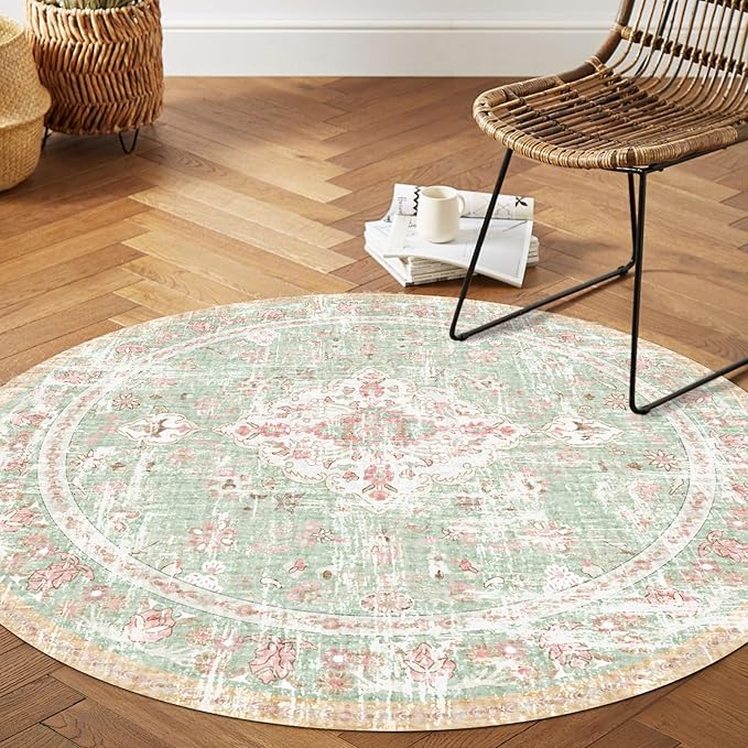 Vhong Boho Area Rugs Vintage Washable Modern Neutral Carpet Green and Pink 5×5 High Traffic Round Rugs for Dinning Room Living Room Bedroom Farmhouse Non Slip