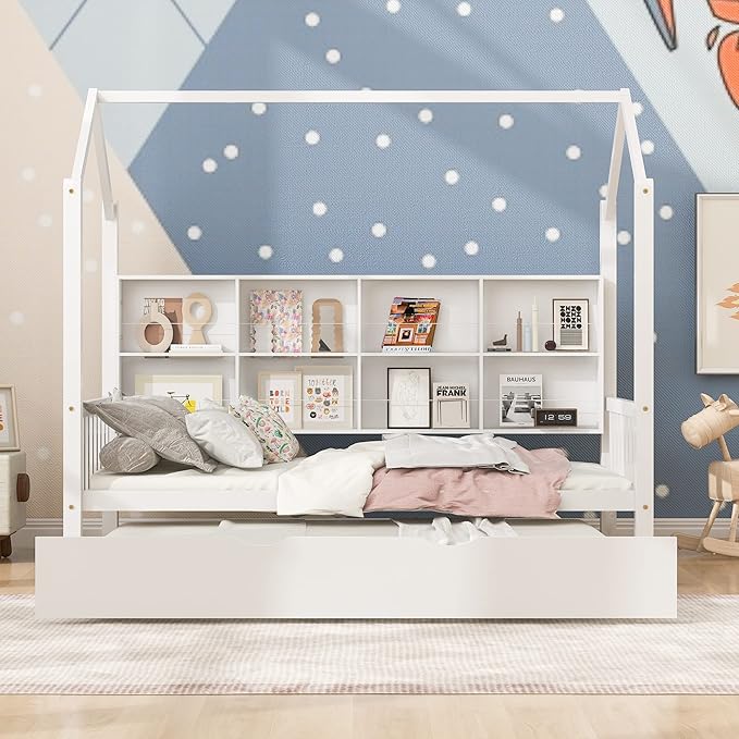 Harper & Bright Designs Twin House Bed with Trundle, Wood Kid Beds with Storage Shelves, Twin Platform Bed for Kids, Teens, Solid Wood Structure & House-Shaped, White