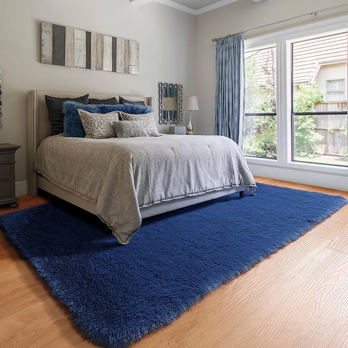 ONASAR Navy Blue Area Rugs for Living Room Bedroom, 5x8 Fluffy Bedside Rug, Washable Soft Plush Fuzzy Shaggy Indoor Floor Carpets for Nursery Kids Boys Girls Men Teen Playroom Home Decor Aesthetic