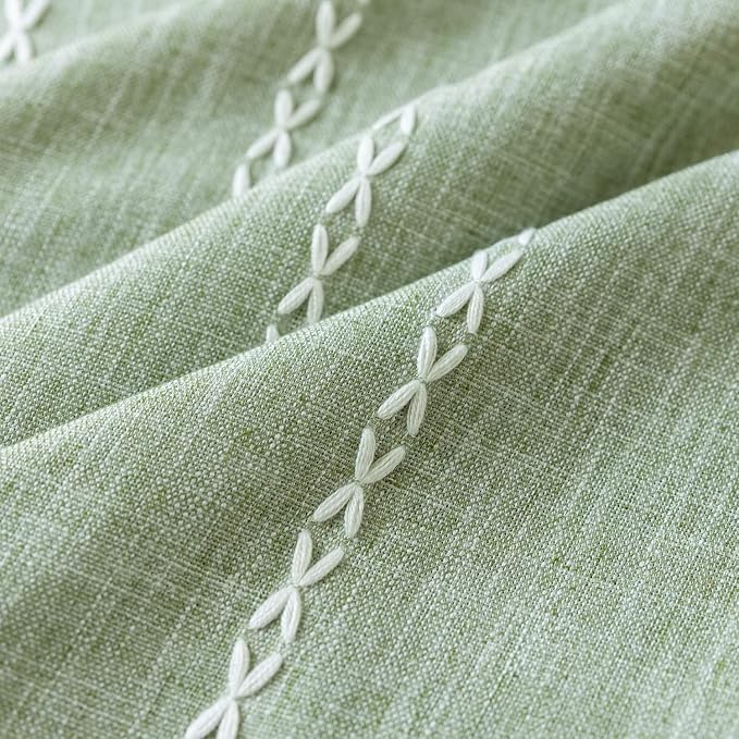 Deeprove Green Boho Curtains 63 Inches Length for Bedroom Kitchen, Cotton Linen Stripes Embroidery Weighted, Bohemian Farmhouse Window Treatment Drape Tassels 1 Panel W52 x L63 Sage