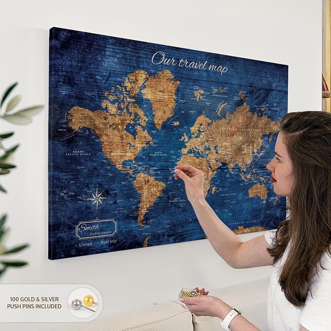ElephantStock - Personalized Our Travel I Push Pin World Map Wall Art - Horizontal Canvas Wall Art - Living Room Wall Decor - Digital Art Map Canvas Art - Brown And Blue Decor - 39" x 26"