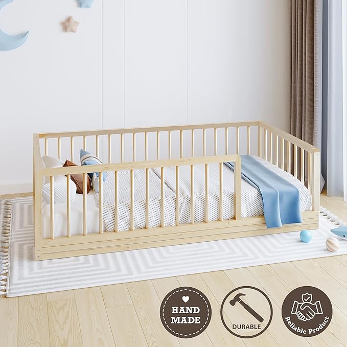Montessori Slatted Floor Bed for Boys and Girls | Twin Size, Rustic Style, Pine Wood