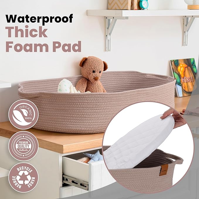 PeraBella XL Baby Changing Basket for Dresser Top, Moses Baskets for Newborn, Portable Baby Diaper Changing Pad Table Topper for Dresser, Moses Bassinet Mat with Waterproof Pad Cover and Diaper Caddy